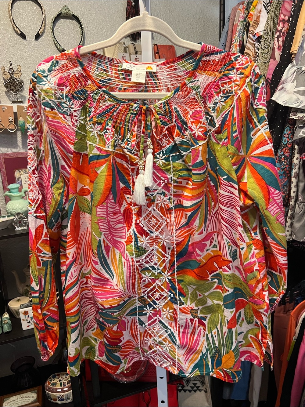 C&C California Multicolor Tropical-Print Peasant Tunic with Tassel